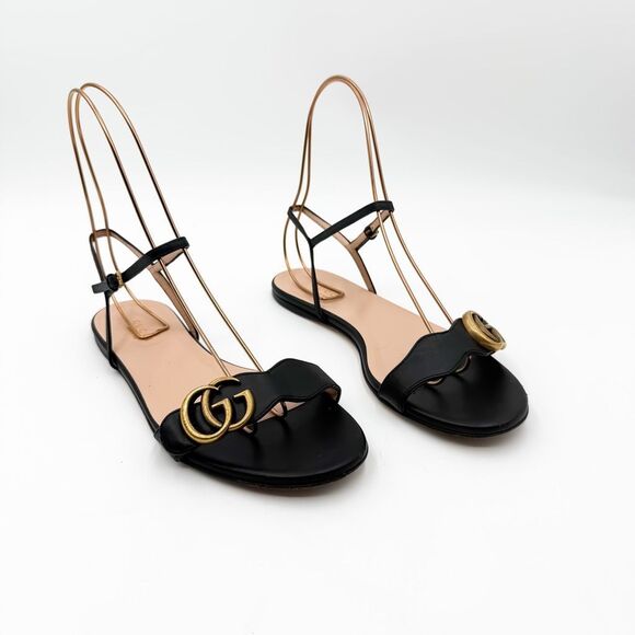 Gucci GG Marmont Flats Sandals Black Leather EU 38 US 8 - Picture 1 of 9